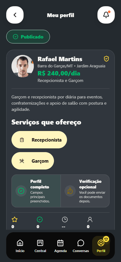Prévia do perfil profissional dentro do Chama