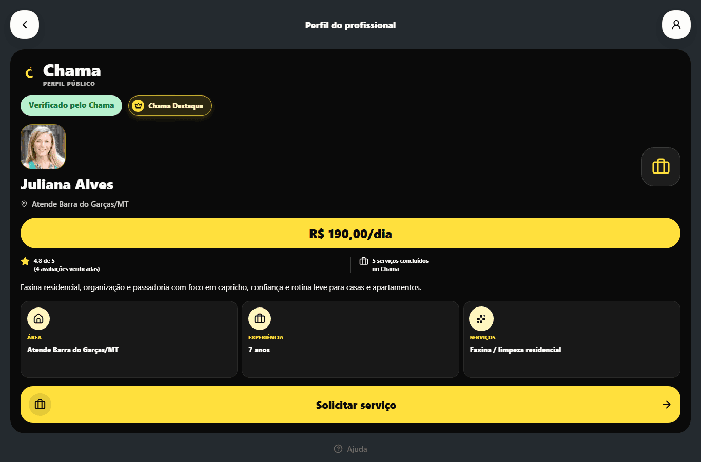 Perfil público de profissional no Chama